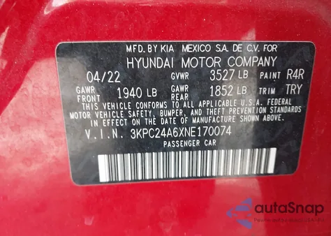 2022 Hyundai Accent Se z USA, uszkodzony, nr VIN 3KPC24A6XNE170074